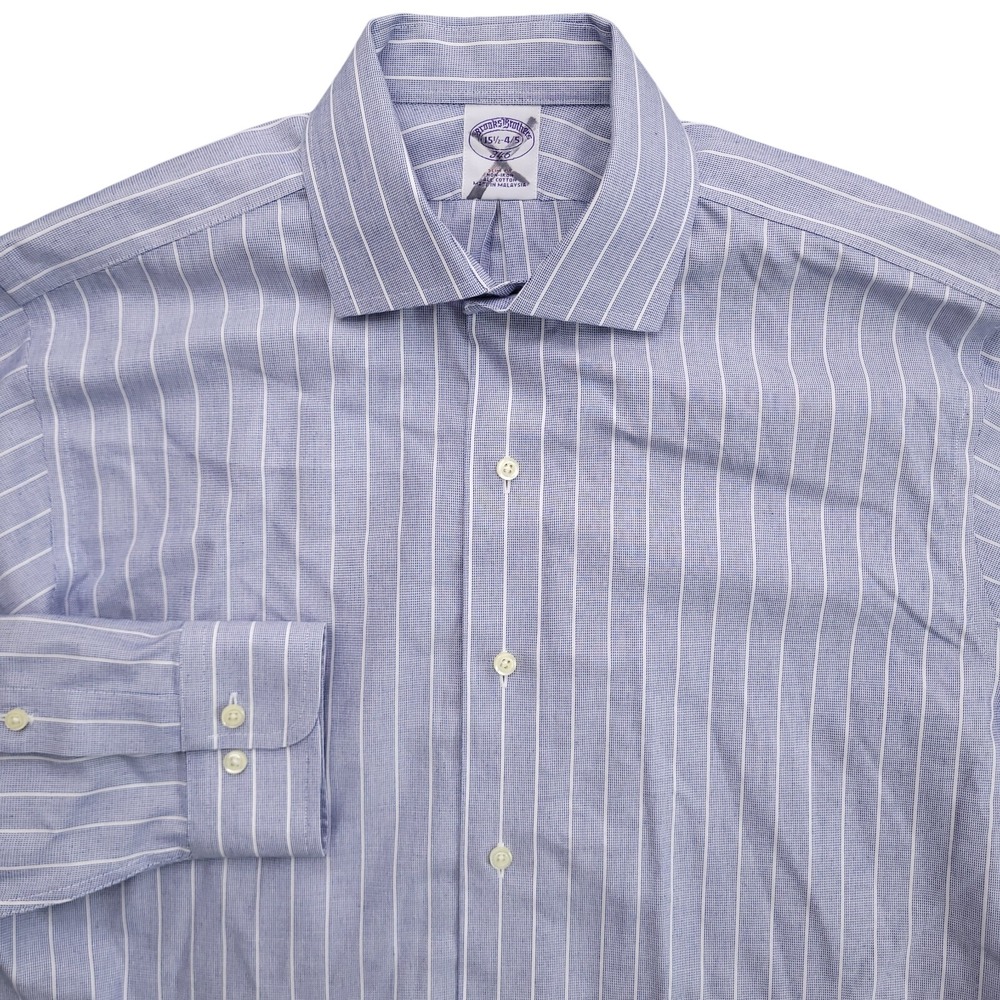 Brooks Brothers Dress Shirt Mens 15.5 34/35 Slim Fit Non‎ Iron Blue White Stripe